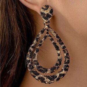 Elegant Leopard Black and Gold Teardrop Earrings